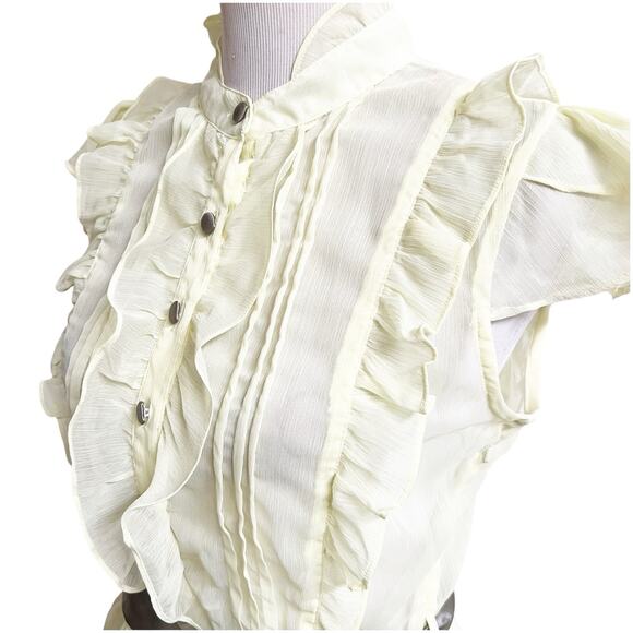 Dimri Y2K Yellow Ruffled Button Front Blouse Satin Tie Sash Size Medium Sheer - Picture 6 of 11
